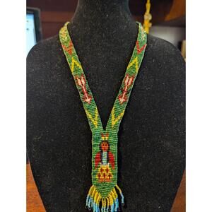 Vintage Native American Seed Beaded Sash Necklace Handmade